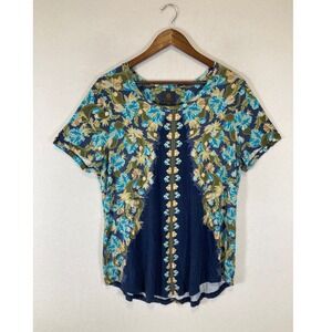 Boho Floral JM Collection Women XL Blue Green Short Sleeve Border Print Top